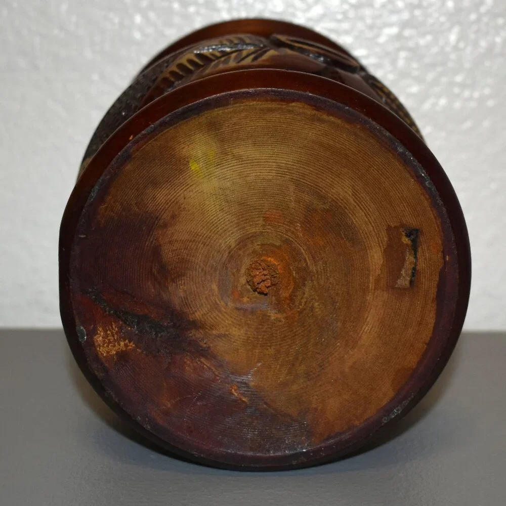 Unbranded Hand Carved Wooden Vase Home Decor Brown Excellent‎ Etched Floral Boho